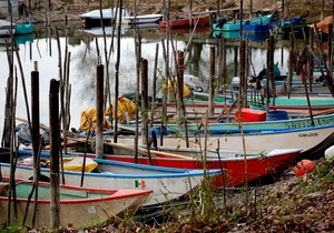 barche, acqua, pali, riflesso, colori, riva, rosso, legno