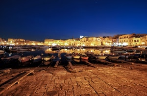 barche, porto, notturno, acqua, notte, cielo, luci, mare, case