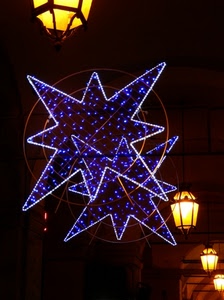 lampioni, stelle, luci, blu, cerchi, luminarie, giallo, natale, notte, decorazioni, notturno, colori