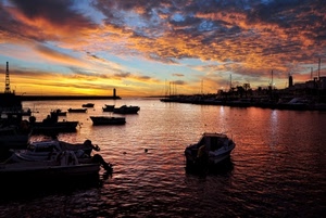 barche, tramonto, mare, nuvole, porto, cielo, acqua, controluce