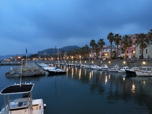 barche, porto, acqua, luci, mare, palme, riflesso