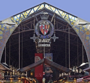 mercato, capannone, stemma, insegna, luci, barcellona, insegne, corona