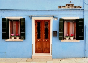 finestre, porta, vasi, fiori, casa, vetri, blu, celeste