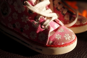 lacci, rosa, fiori, scarpa, scarpe, bianco, bambina, stringhe, paio, suola, gomma, due, stoffa