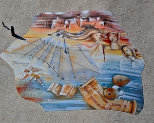 meridiana, donne, muro, numeri, murales, murale, pergamena, dipinto, orologio