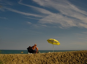 ombrellone, mare, giallo, sabbia, spiaggia, nuvole, cielo