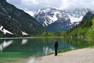 lago, pescatore, neve, montagne, montagna, alberi, acqua, verde, riflessi, riflesso