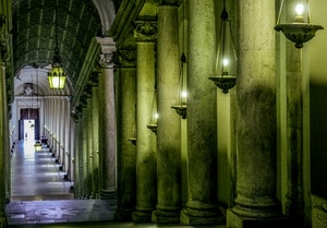 colonne, lampade, prospettiva, luci, lampioni, corridoio, arco, lampadari, verde, scala, lampione, portico