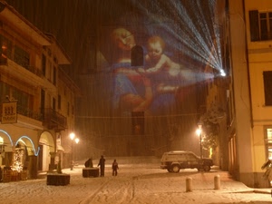 neve, proiezione, inverno, luci, notte, strada, natale, immagine, lampioni, madonna, auto, luce