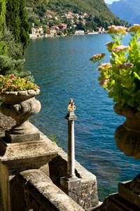 fiori, colonna, mare, panorama, acqua, vasi, piante, alberi, montagna, lago, case, vaso