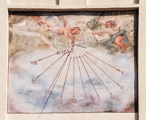 meridiana, angeli, orologio, numeri, muro, ombra, ore, solare, angioletti, sole, affresco