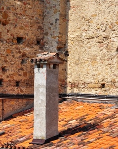 tetto, comignolo, tegole, muro, pietre, rosso, coppi