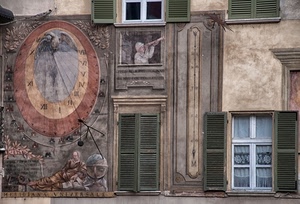 finestre, meridiana, persiane, murales, numeri, tende, muro, dipinto, orologio