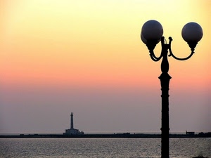 faro, tramonto, lampione, mare, acqua, sfere, cielo, palle, alba, palo, lampioni, tre, rosso