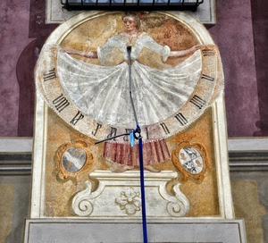 meridiana, numeri, donna, orologio, ore, stemmi, cerchio, affresco, dipinto, asta, bianco, lancetta, muro, romani, gnomone, blu, ombra