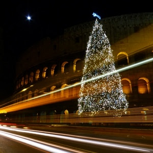 natale, albero, luci, scie, stella, archi, luna, arena, colosseo, riflesso