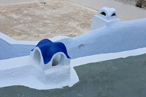 bianco, blu, comignoli, tetto, due, azzurro, camini