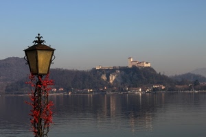 lampione, lago, castello, acqua, panorama, rosso, cielo, fiori