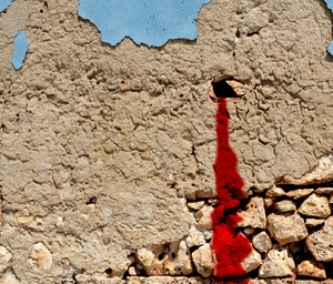 rosso, muro, pietre, azzurro, intonaco, buco, foro, sassi, celeste, pittura