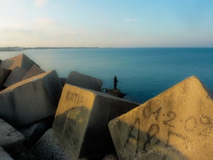mare, pescatore, acqua, blocchi, azzurro, pescare, scritte, cubi, numeri, massi, scogli, cemento