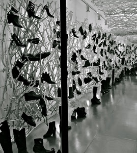 scarpe, bianconero, stivali, esposizione, vetrina, rami, negozio, nero