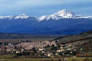 panorama, montagne, paese, neve, case, valle, paesaggio