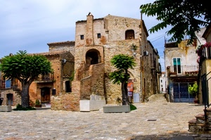 piazza, alberi, case, borgo, verde, paese, albero, cielo, mattoni