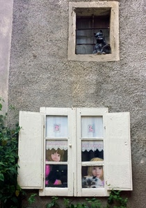 finestre, bambine, gatto, gatti, muro, tende, persiane, due, bambini, bianco