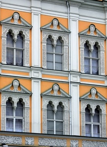 finestre, sei, palazzo, bifore, arancio, vetri, liberty, facciata, arancione, giallo, bianco, decori