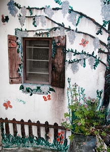 finestra, murales, staccionata, rami, farfalle, pianta, imposte, albero, fiori, dipinto