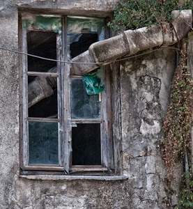 finestra, vetri, muro, tubo, legno, vetro, rotto, rudere, abbandono, rotti, erba, rovina
