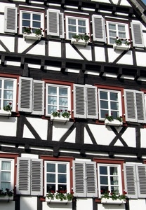 finestre, fiori, vetri, persiane, vasi, palazzo, casa, muro, bianco, quadrati, legno, travi, imposte