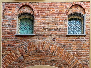 finestre, mattoni, due, inferriate, archi, arco, grate