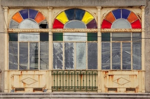 finestre, colori, archi, tre, ringhiera, giallo, vetri, balcone, rosso
