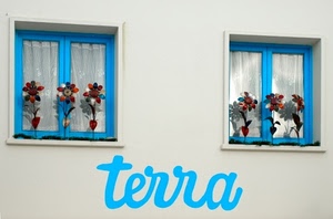 finestre, azzurro, fiori, due, terra, scritta, bianco