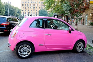 rosa, auto, ruote, cinquecento, strada, macchina, alberi, parcheggio, città