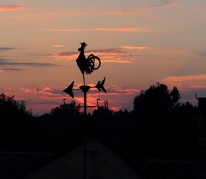 tramonto, gallo, freccia, controluce, nuvole, banderuola, nero, rosso, cardinali