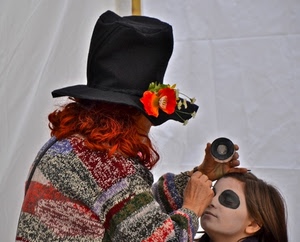 cappello, trucco, fiore, nero, occhi, donna, truccare, bambina, rosso, maglione, fiori