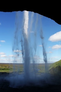 cascata, acqua, grotta, cielo, nuvole, fiume, prati