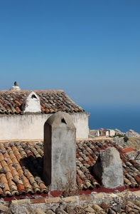 tegole, tetti, cielo, mare, comignoli, case, azzurro, camini, ombra