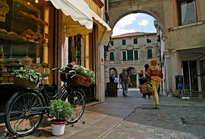 bicicletta, arco, passanti, negozio, persone, fiori, vaso, vetrina, piante