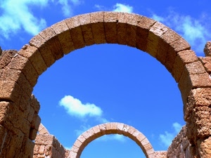 archi, cielo, due, nuvole, azzurro, pietre, ruderi, nuvola, arco, mattoni