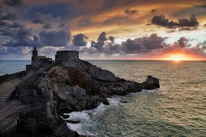 mare, chiesa, tramonto, nuvole, scogli, castello, sole, portovenere, cielo
