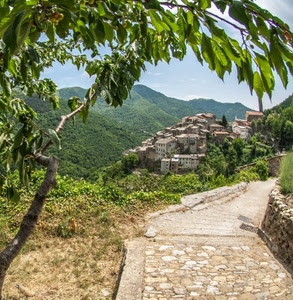 strada, albero, borgo, panorama, case, montagne, foglie, paese, verde