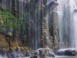 acqua, cascata, rocce, roccia, ruderi, rampicante, verde, pioggia, fontana, muro, pianta