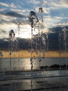 acqua, zampilli, fontana, nuvole, mare, controluce, tramonto, spruzzi
