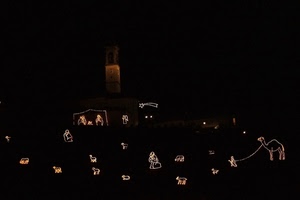 presepe, campanile, luci, notturno, notte, natale, cammello, presepio, stella, pecore, pastori, chiesa, natività