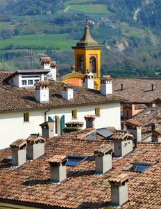 campanile, comignoli, tetti, tegole, verde, coppi, abbaini, abbaino, finestre, camini, giallo, montagna, lucernari, prati, case, alberi