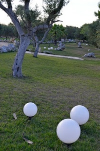 alberi, sfere, erba, prato, bianco, tre, verde, palle, lampioni, rami, ulivi, albero, pietre, lampade, parco, cielo