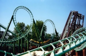 giostre, curve, verde, giostra, parco, otto, geometrie, russe, montagne, ottovolante, giochi, alberi, ferro